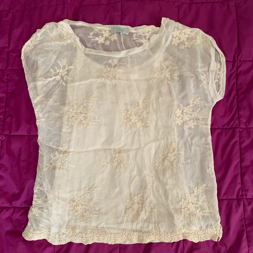 Angela Moda silk top with floral embroidery